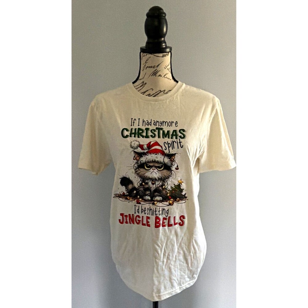 Women’s White Christmas Cat Graphic Sleeve T-Shirt Size Small NWT A12